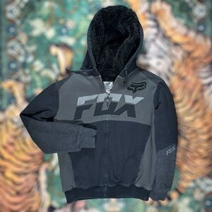 Y2K Fox Racing Fur Sherpa Lined Hoodie Heavy Full Zip Black Grunge Medium